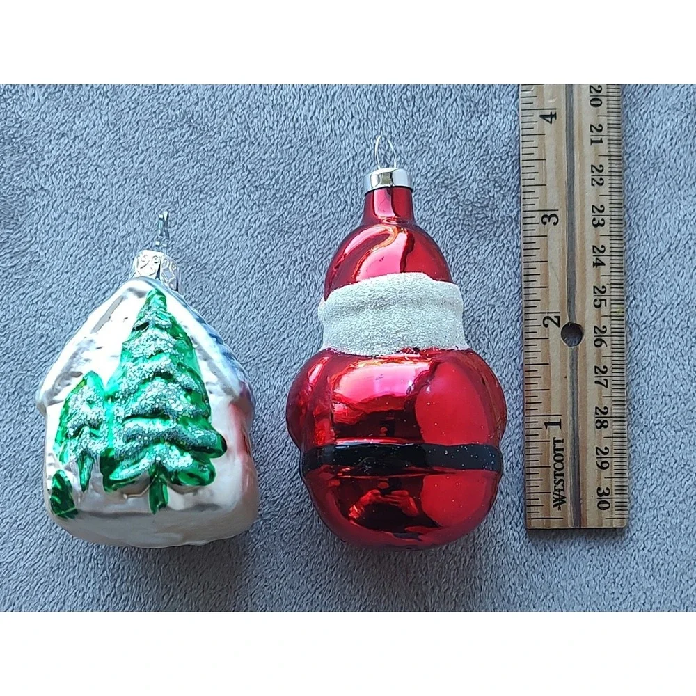 Santa Claus And White House Vintage Glass Christmas Ornaments Set Of 2 B3